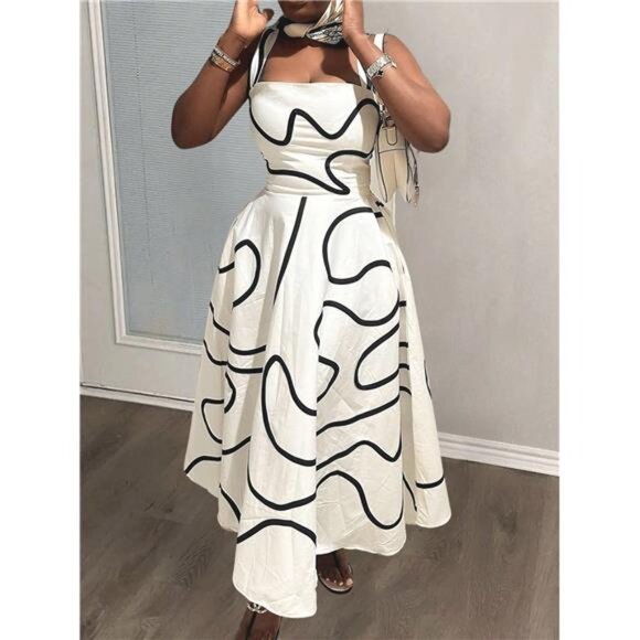 White Abstract Striped Spaghetti Strap Dress W/ Cinched Waist And Flared Hemline - Picture 1 of 8